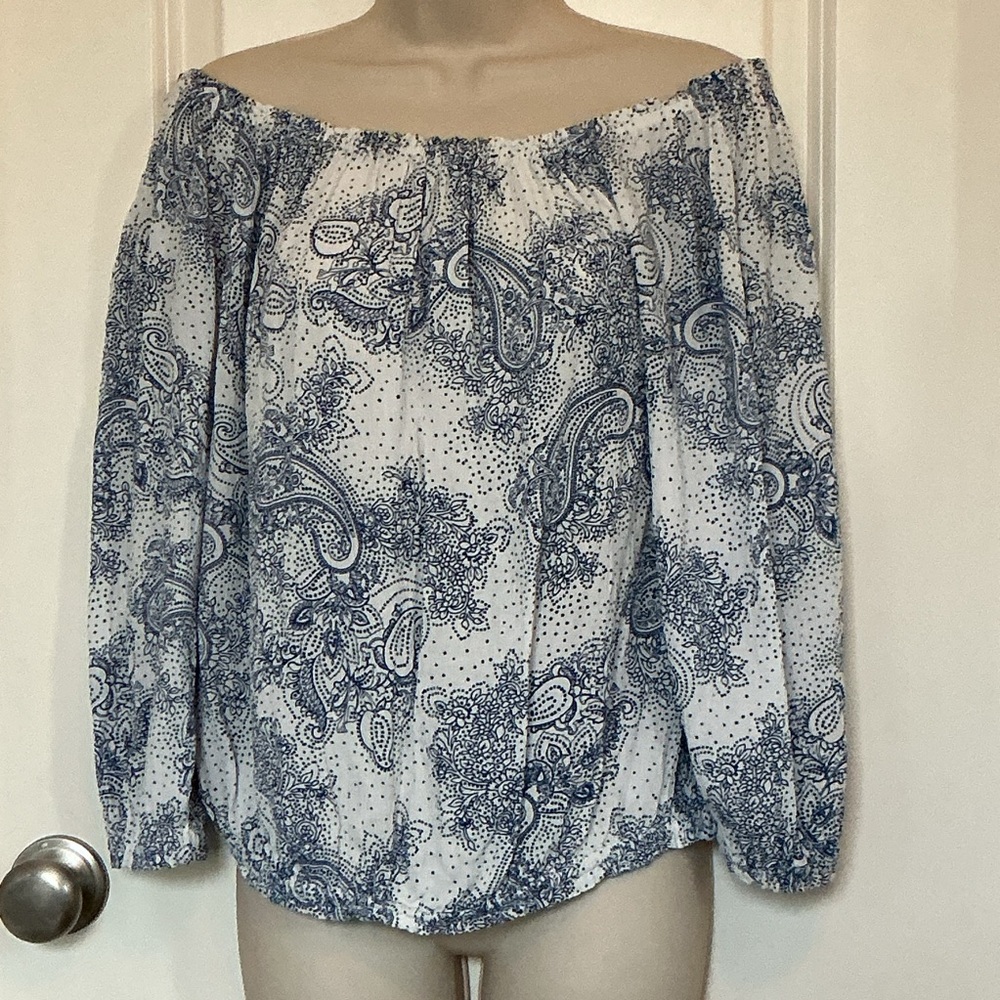 NWOT Tommy Hilfiger Blue Paisley Off the Shoulder Long Balloon Sleeves Top M - Picture 2 of 8
